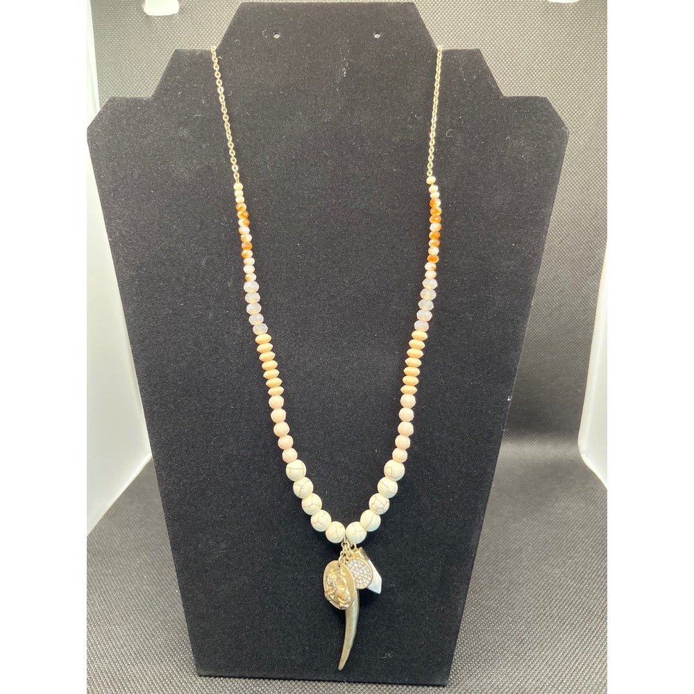 Vana Courage Lion Coin Horn Charm Necklace Beaded White Turquoise Orange Stone